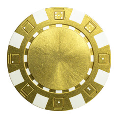 Naklejka premium Golden Poker Chip Close-Up Isolated On White Background: A detailed macro shot of a gleaming poker chip, showcasing its intricate design. 