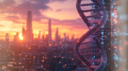 Dna structure against a cityscape at sunset with futuristic building elements present in the image