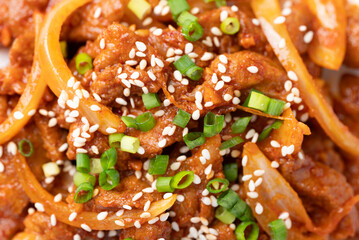 Korean stir fried spicy pork (Bulgogi) texture background, Top view