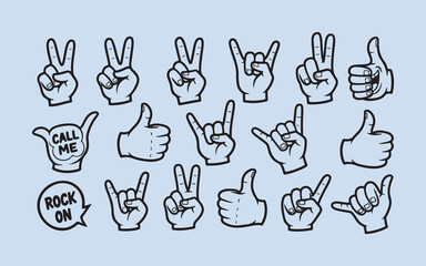 Collection of hand gestures and symbols representing peace victory rock and roll and communication