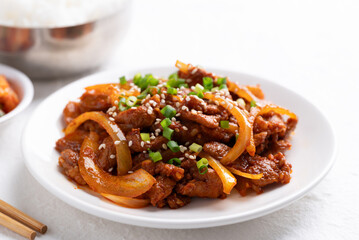 Korean stir fried spicy pork (Bulgogi) with cooked rice and kimchi on white background