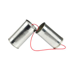 Tin Can Telephone Isolated On White Background: This image shows two tin cans connected by a string, symbolizing communication and simple technology, creating a sense of nostalgia. 