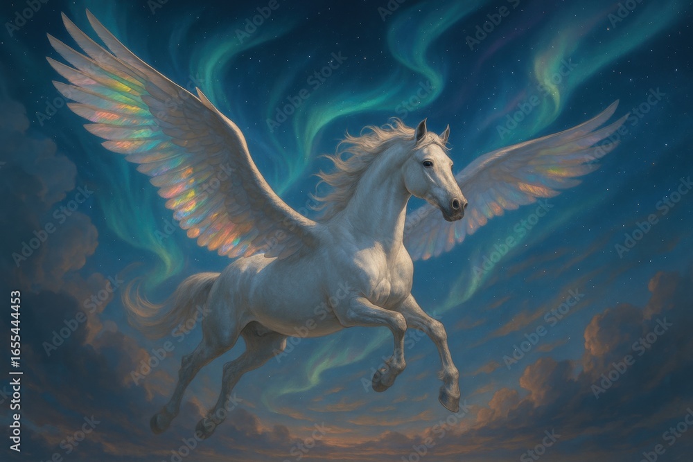 Poster ethereal pegasus with luminous wings soaring through aurora borealis clouds at twilight