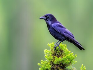 Obraz premium Dark crow perched on a small evergreen