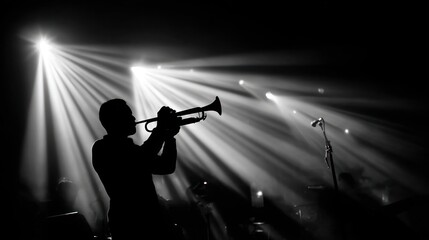Fototapeta premium Silhouette of a musician playing trumpet under dramatic stage lights. Black and white photo