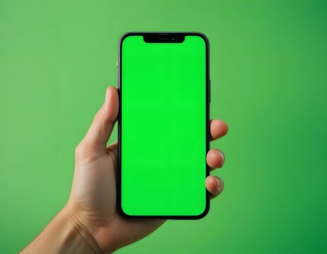 Mobile phone with green screen in hand, perfect for app promo or digital marketing campaign assets today - Powered by Adobe