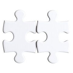 Obraz premium Interlocking Puzzle Pieces Isolated On White Background: Two perfectly shaped jigsaw puzzle pieces are interlocked, a compelling visual representation of connection, problem-solving. 
