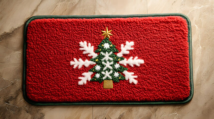 Red Christmas stocking ornament with snowflake and tree design hanging on a decorated tree