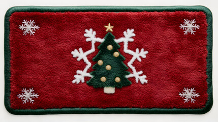 Red Christmas stocking ornament with snowflake and tree design hanging on a decorated tree