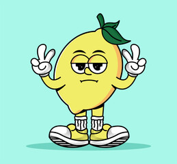 Cute lemon cartoon character in retro vintage style. Colorful and cheerful mascot vector illustration