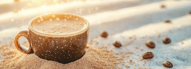 Turkish coffee brewing in traditional cezve on fine sand with coffee beans scattered around at golden hour