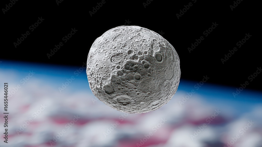 Aufkleber cratered asteroid floats in outer space above a blurred planet with blue atmosphere and clouds