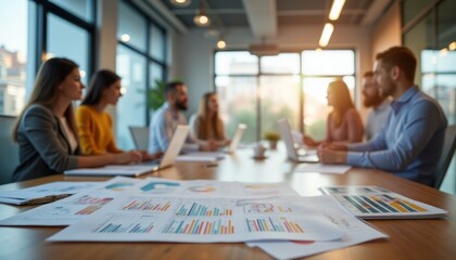 Team meeting in a modern office with charts and graphs