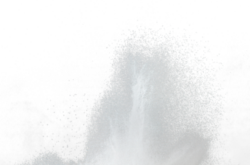 Million of white sand explosion, Photo image of falling down shower snow, heavy snows storm flying. Freeze shot on black background isolated overlay. Tiny Fine Salt sands as particle science