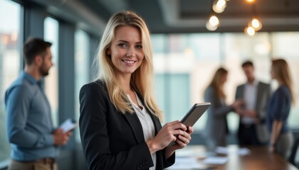 Fototapeta premium Confident businesswoman smiling while holding a tablet