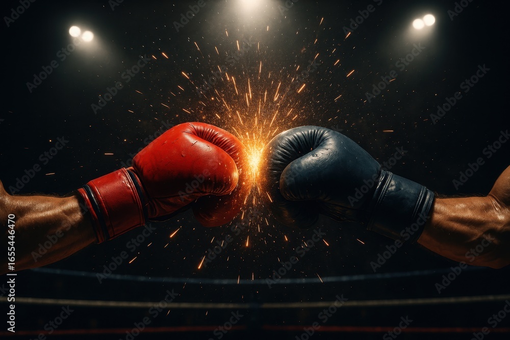 Poster professional boxing match with gloves clashing creating spark effect