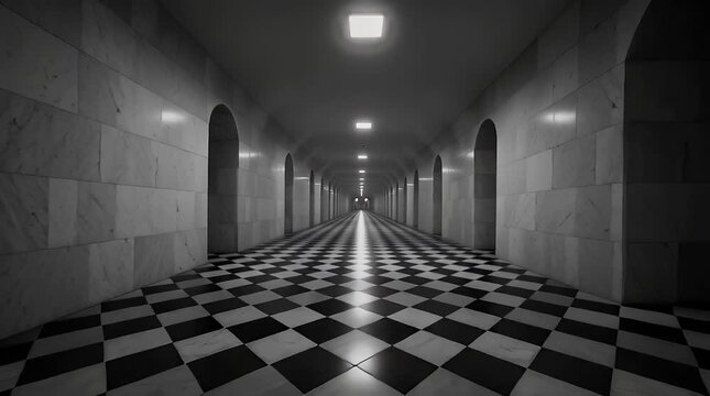 A Hauntingly Beautiful Black and White Corridor with Checkered Floor with ai generated