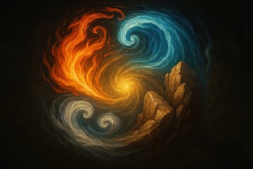 Elemental powers visualization with fire water earth and air in perfect balance