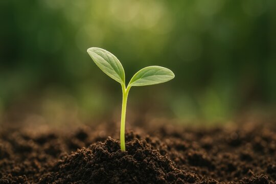 Single green plant sprout emerging from rich dark soil against pure white studio background