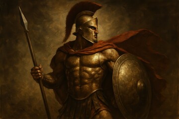 Fototapeta premium Epic Spartan warrior in classical bronze armor with shield and spear representing ancient Greek military strength and heroic courage