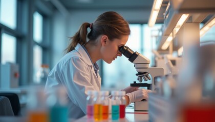 Focused female scientist examining samples under a microscope