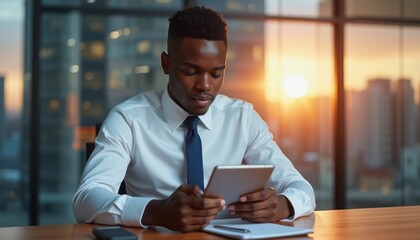 Focused businessman using a tablet at sunset