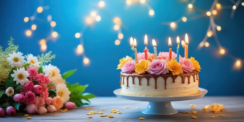 A beautifully styled birthday cake with lit candles on a blue background, surrounded by colorful decorations, fresh flowers, and a warm ambiance, party decor, gourmet cake