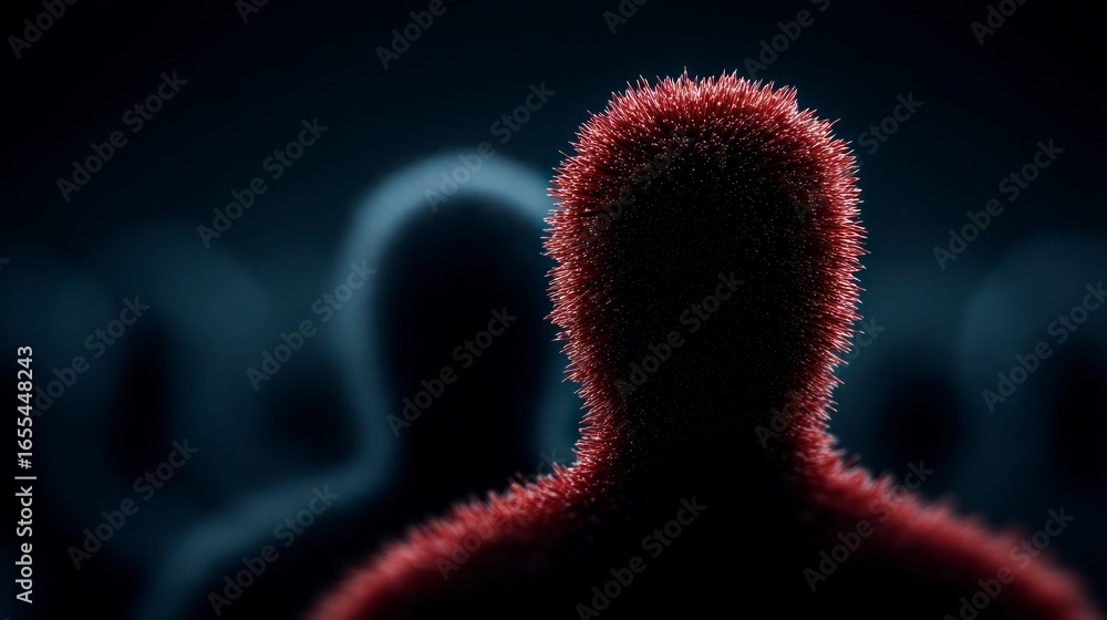 Poster close up abstract view of a fuzzy red tipped object against a dark background