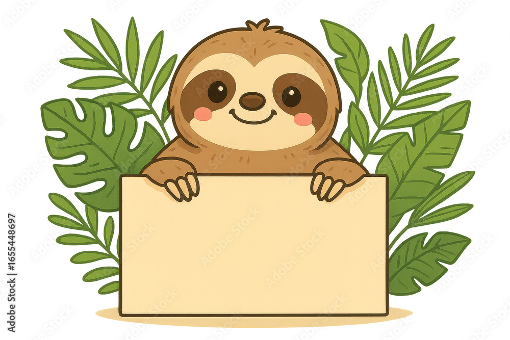 Poster adorable cartoon sloth hanging from branch with blank banner space for custom message