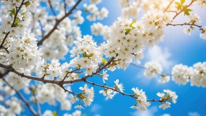 Close-up of tree branches with blooming white flowers in a bright sunlit sky with blue hues