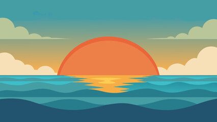 Stylized sunset over calm ocean waves with clouds