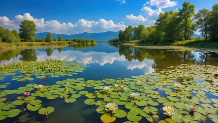 Water lilies and lush greenery floating on the surface of serene Lake Iznik in Bursa Turkey