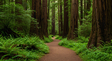 Obraz premium A winding dirt path through a lush green redwood forest with tall trees and ferns