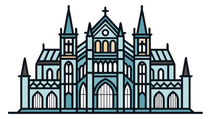 Stylized gothic cathedral facade with blue and tan accents