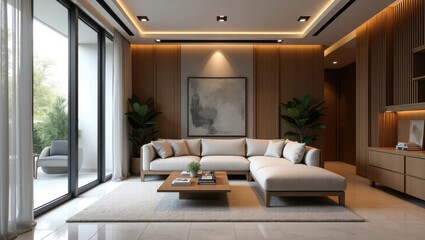 Contemporary living room interior design featuring light beige sectional sofa.