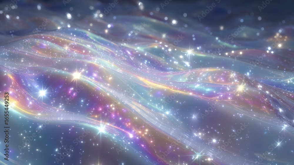 Poster sparkling waves of iridescent colors and shimmering stars creating a magical abstract background