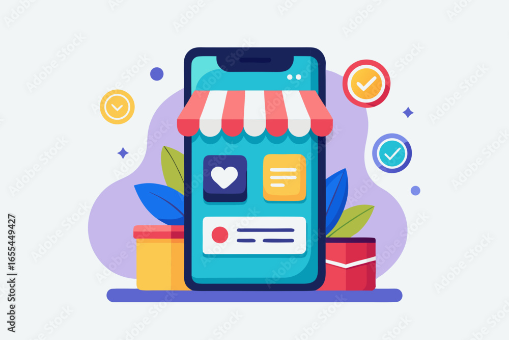 Poster mobile phone displaying online shopping store with icons and checkmarks