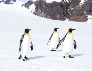Obraz premium Three penguins waddle across snowy Antarctic landscape