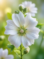 Close-up of white musk mallow flower with intricate details and soft watercolor tones