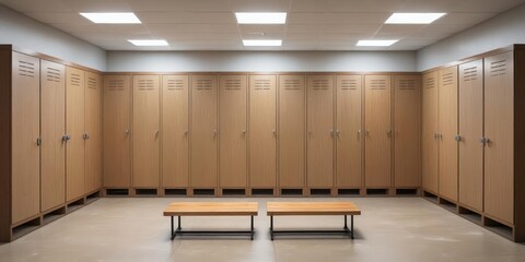 locker room with wooden doors and lockers in a sports facility