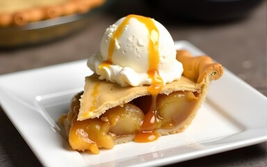 Warm Apple Pie Slice with Caramel Drizzle and Vanilla Ice Cream. High quality