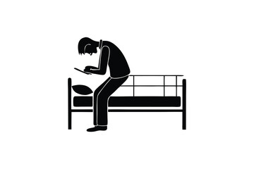Fototapeta premium Silhouette of a person hunched over a phone on a bed isolated on white background