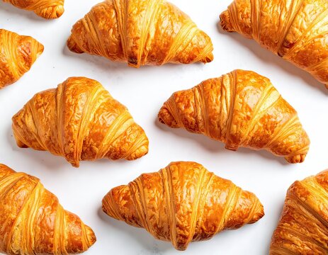 Top-down view of freshly baked golden brown croissants arranged in a pattern on a white background.