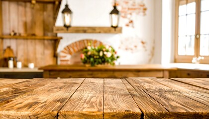 Rustic wooden table in a farmhouse kitchen scene