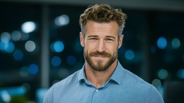 Confident middle aged man with beard smiling light blue patterned shirt blurred city lights background