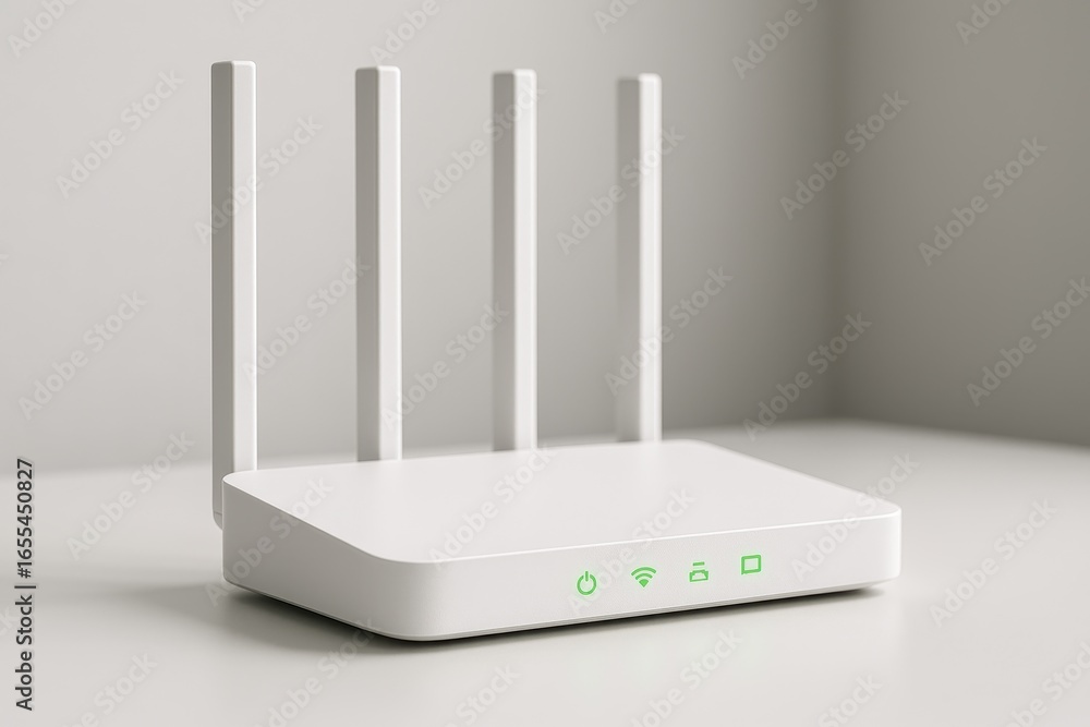 Poster contemporary wifi router with multiple antennas providing high-speed internet for smart home connect