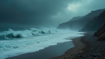 Obraz premium Dramatic waves crashing on a pebble beach under a stormy sky.