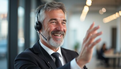 Cheerful businessman in headset waving