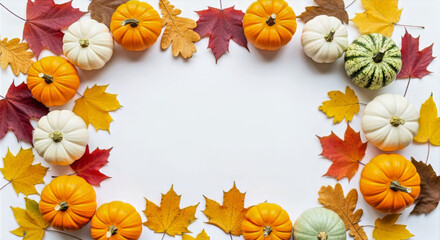 Autumn decoration with pumpkins and fall leaves arranged in a circle
