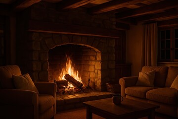 Cozy wood-burning fireplace with dancing flames creating warm ambiance in rustic living room